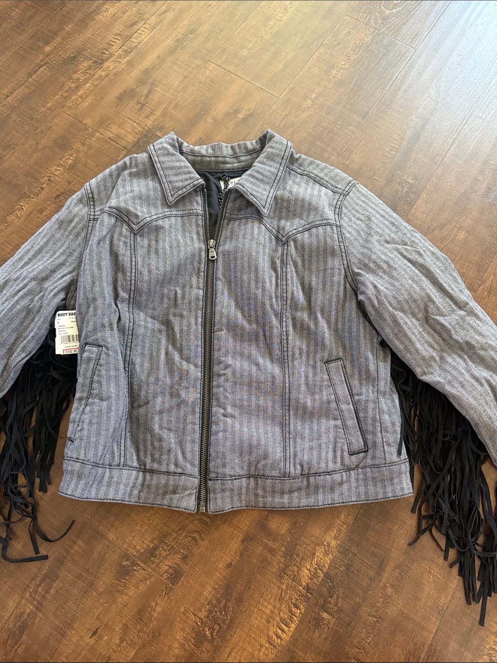 Grey Striped Fringe Zip-Up Jacket